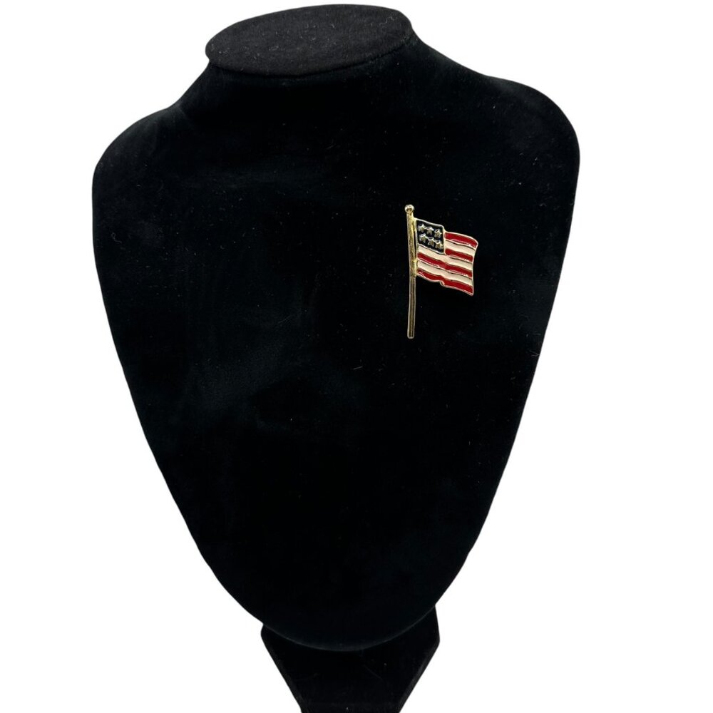 Vintage American Flag Brooch Gold Tone Red White Blue Patriotic Independence